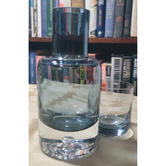 VTG Krosno Poland Blue Blown Glass Decanter Tumble Up Bedside Carafe Bubble MCM - Picture 14 of 16